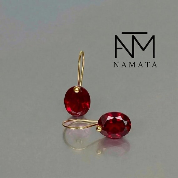 14K/18K Gold  Red Ruby Dangle  Earrings, Small Oval Earrings, October Birthstone, July Birthstone, Ruby Jewellery Gift For Her.