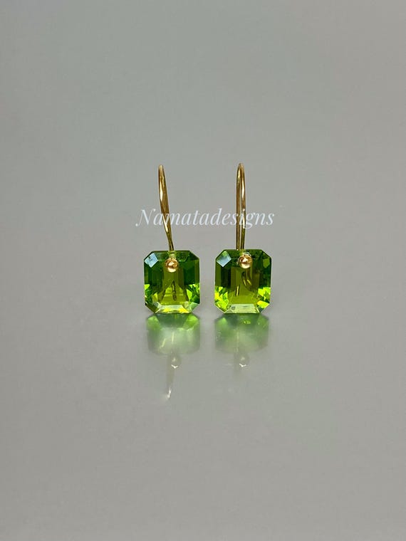 14K Gold Peridot Rectangle Dangle Earrings: August Birthstone, Green Stone Minimalist Jewelry