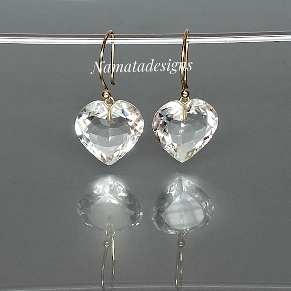 14K Gold Natural Rock Quartz Crystal Heart Earrings: Minimalist Jewelry