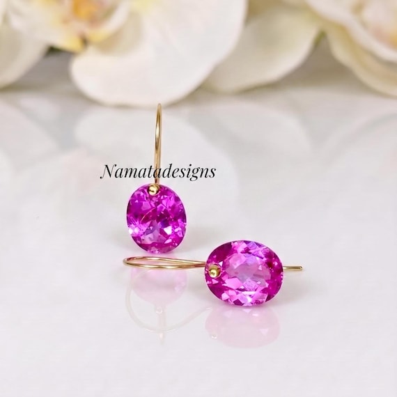 14K  GOLD  Pink Sapphire Dangle Earrings (12.5cts), Pink Oval Earrings, Sapphire Jewelry Gift For Her,  February Birthstone Earrings.