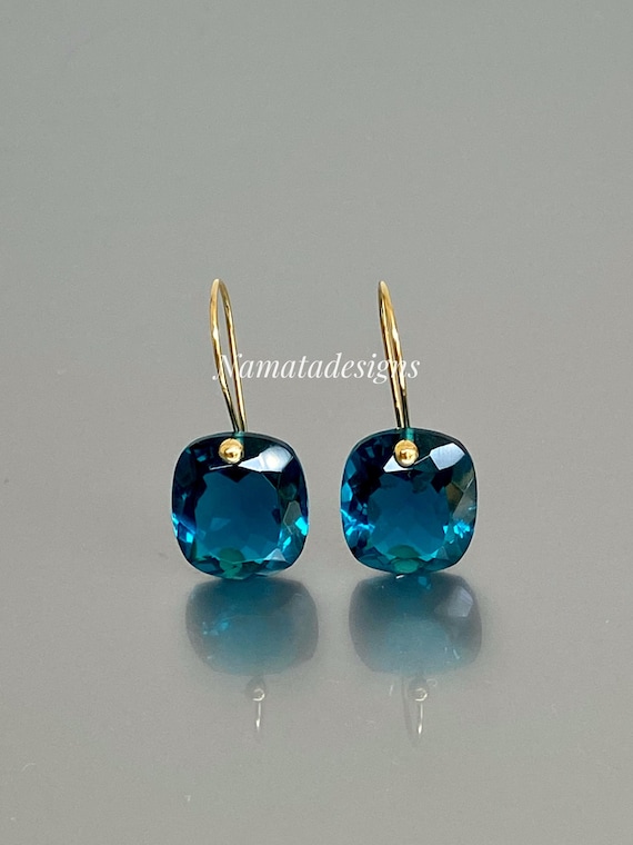 14k Gold London Blue Topaz Dangle Earrings: Handmade Jewelry, Rectangle Drop, December Birthstone