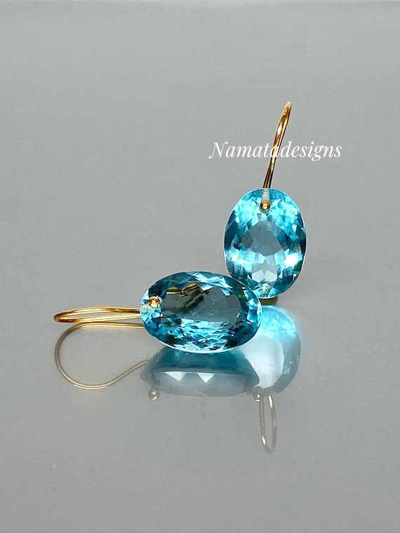 14K Gold Aquamarine Dangle Earrings: March Birthstone, Sky Blue Jewelry.