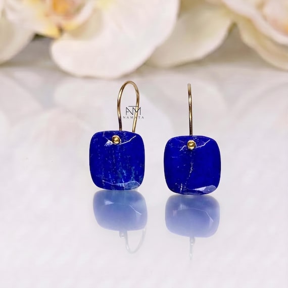 Gold Natural Lapis Lazuli Drop  Earrings: One-of-a-Kind Bluestone Drops