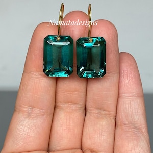 14K Gold Paraiba Tourmaline Dangle  Earrings, Statement Earrings, Green Tourmaline Drop Earrings, Tourmaline Jewelry Gift, Valentines Gifts.