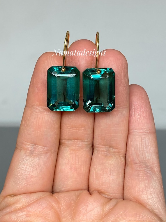 14K Gold Paraiba Tourmaline Dangle  Earrings, Statement Earrings, Green Tourmaline Drop Earrings, Tourmaline Jewelry Gift, Valentines Gifts.