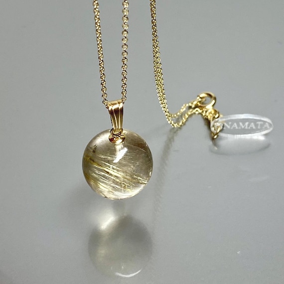 14K Solid Gold  Natural Golbe Rutile  Pendant Necklace, ONE OF A-KIND  Pendant Necklace, Rutile Jewelry Gift For Her.
