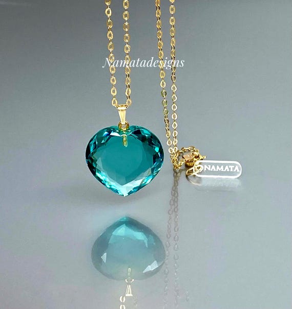 14K Gold Paraiba Tourmaline Heart Pendant Necklace, Minimalist Birthstone Necklace, Blue-Green Tourmaline Jewelry.