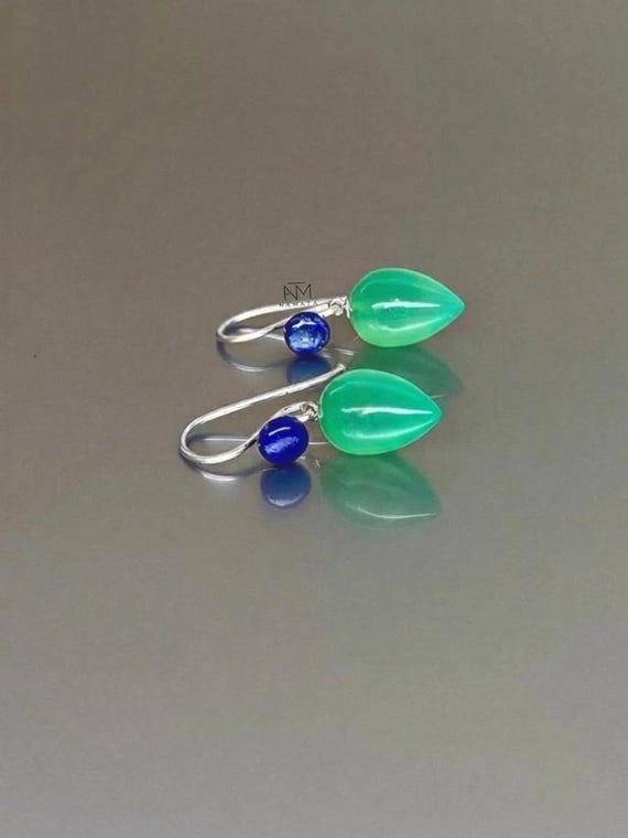 Lapis Lazuli & Chrysoprase Dangle Earrings: Silver Dangle Drop, Teardrop Jewelry.