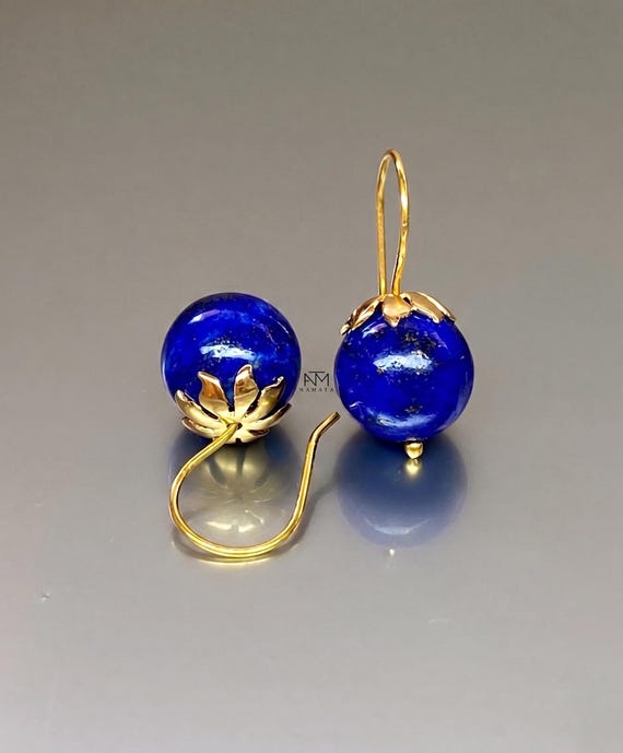 Lapis Lazuli Globe Drop Earrings: 24K Gold Vermeil, Sterling Silver, Royal Blue