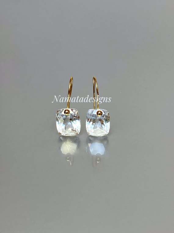 14K Gold Natural Rock Crystal Dangle Earrings, Rectangle Drop Earrings, Small Earrings, Birthstone Earrings Gift, Crystal Quartz Jewelry