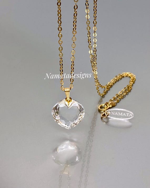Natural Gold Crystal Heart Pendant Necklace, Birthstone Earrings Gift, Crystal Quartz Jewelry, Clear Crystal Pendant,  Gift For Her Birthday