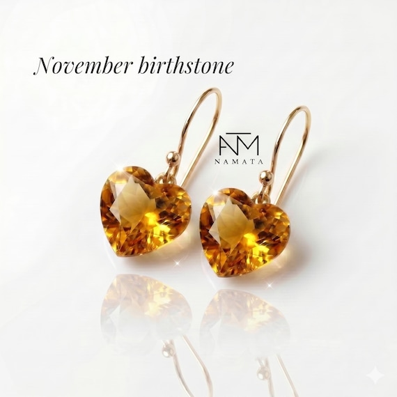 Citrine Heart Earrings, Faceted Golden Yellow stone Dangle Earrings in 24K Gold Vermeil or Sterling Silver, November Birthstone Gift for Her