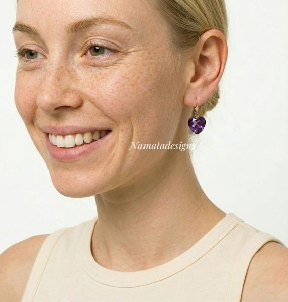 Amethyst Heart Drangle Earrings, Small Heart Earrings, Purple Stone Earrings,  February Birthstone, Amethyst Jewelry Gift