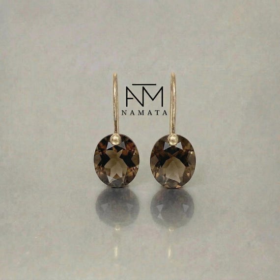 14K Gold Smoky Quartz Dangle Earrings, Small Oval Earrings, Brown Gemstone Earrings, Birthstone Earrings Gift, Minimalist Earrings