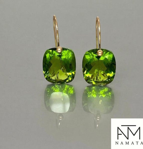 14K Gold Peridot Dangle Earrings: Green Stone Jewelry Gift
