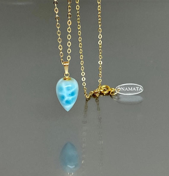 14K Gold Dominican Larimar Pendant Necklace, March Birthday Gift, Healing Crystal, Layering Necklace Larimar Jewelry,