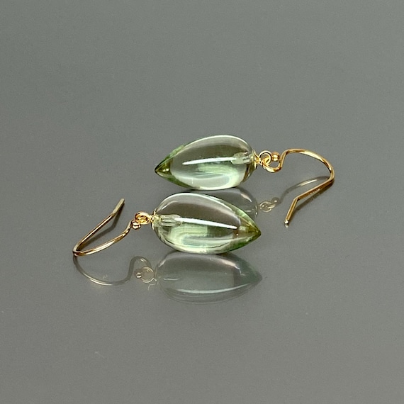 14K Gold  Natural Green Amethyst TearDrop Earrings: February Birthstone