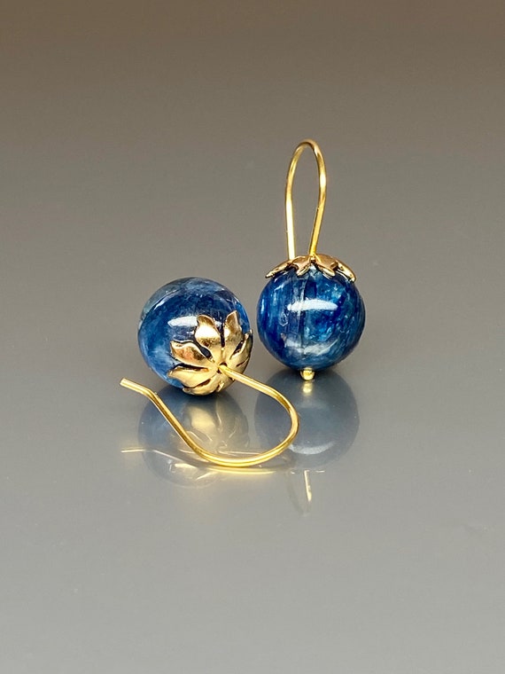 14k Gold Natural Blue Kyanite  Globe  Earrings, Denim Blue Earrings,  Sapphire Color Earrings, Kyanite jewelry Gift For Her.