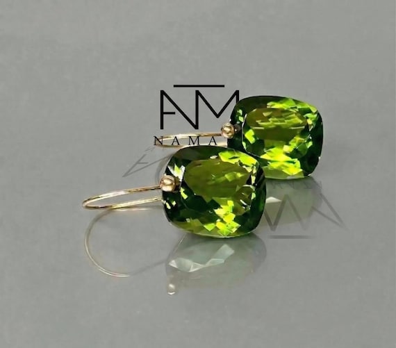 14K Gold Peridot Drop Earrings: Green Stone Earrings in 925 Sterling Silver