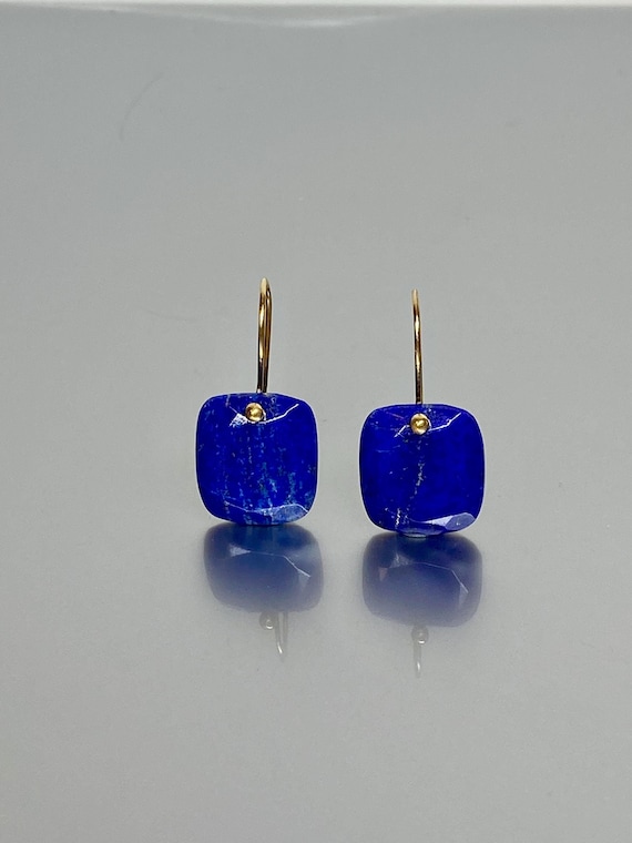 14K Solid Gold Natural Lapis Lazuli Earrings (36 ct), ONE A-KIND, Bluestone Earrings, Birthstone Earrings, Minimalist Earrings