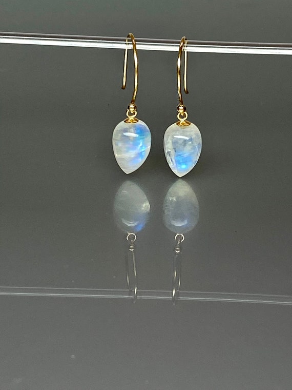 Rainbow Moonstone Earrings with Pink Glass Drop 14k Gold-plated Silver Rainbow Moonstone Earrings with Pink Glass Drop 14k Gold-plated Silver