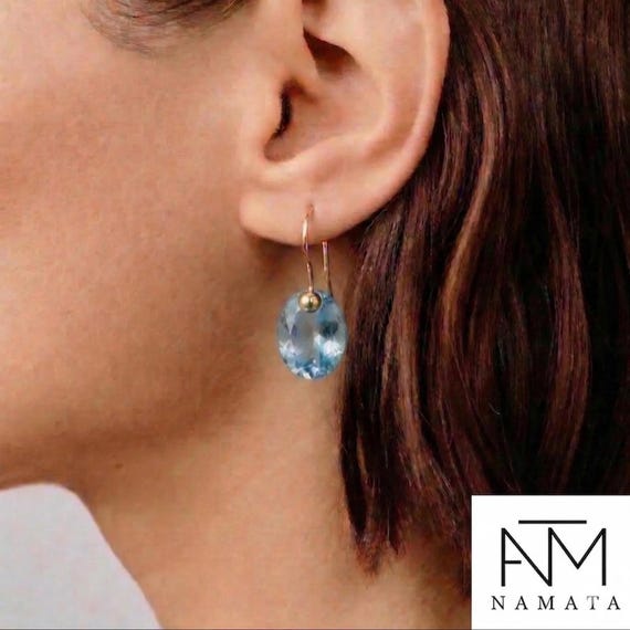 Aquamarine Oval Dangle Earrings, March Birthstone, Sky Blue Jewelry Gift