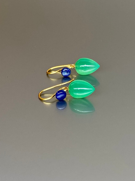 Natural Lapis Lazuli And Chrysoprase Chalcedony Earrings, Multi Gemstone Earrings, Long Drop Earrings, Chrysoprase Jewelry Gift For Her.