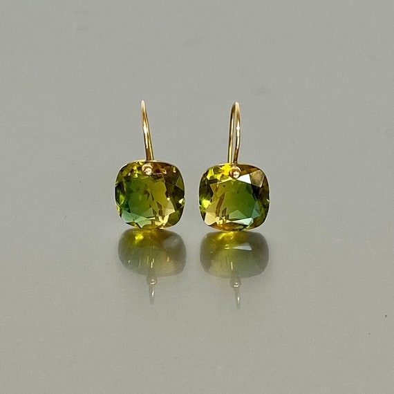 14K Solid Gold Square Ametrine Earrings (12 ct), ONE OF A-Kind Earrings, Green Yellow Ametrine Earrings, Bicolor Drop Dainty Earrings.