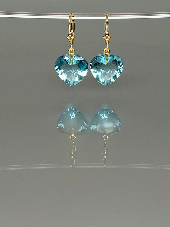 14K Gold Aquamarine Heart  Earrings, Aquamarine Drop Earring, Sky Blue Earring, Heart Earrings,March Birthstone Earring, Aquamarine Jewelry.