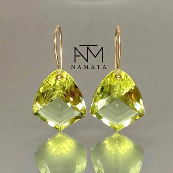 14K Gold Lemon Quartz Kite Shape Earrings: Faceted Statement Jewelry, November birthstone