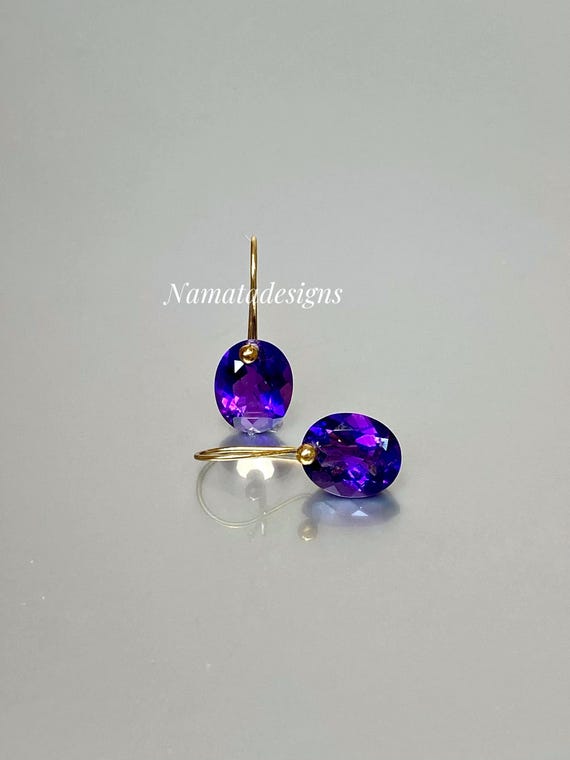 14K\18K Gold Purple Amethyst Dangle Drop  Earrings, Oval Earrings, February Birthstone Jewelry Gift