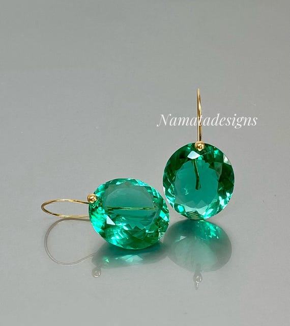 14K Gold Colombian Emerald  Dangle Earrings: Oval Dangle, Caribbean Green, Statement jewelry.