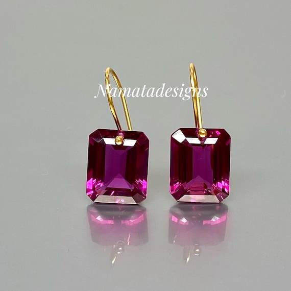 14K Gold Pink Tourmaline Earrings: Emerald Cut, October Birthstone