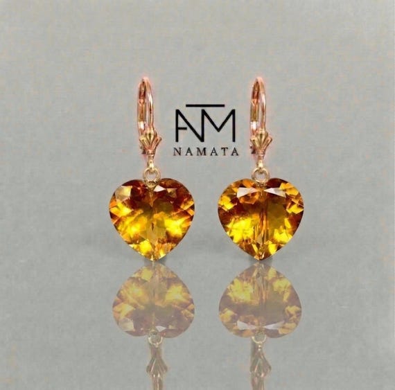 Golden Citrine Heart Earrings, 24K Gold or Sterling Silver, Faceted Yellow Gemstone Dangle Earrings, November Birthstone Gift for Her