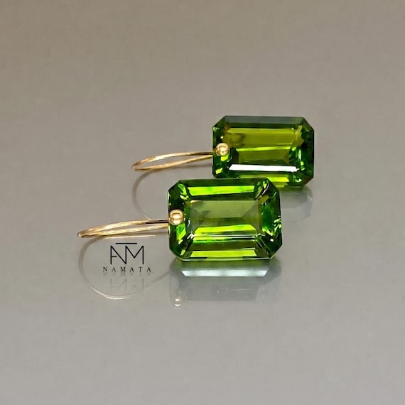 14K Gold Peridot Drop Earrings, Faceted Gemstone Statement Jewelry