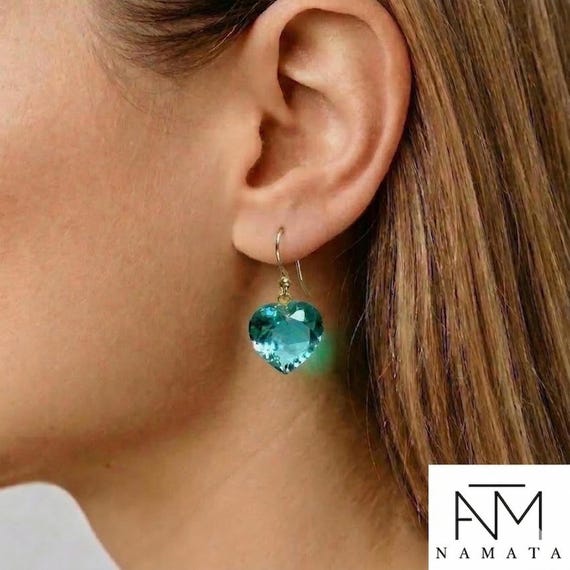 Paraiba Tourmaline Heart Earrings, October Birthstone, Blue-Green Heart Earrings, Tourmaline Jewelry Gift For Her.