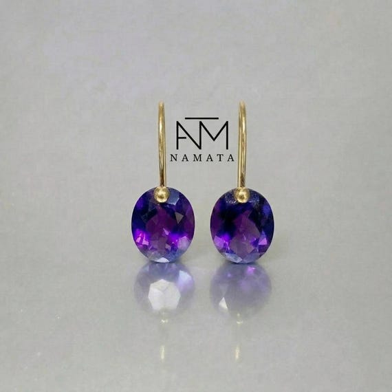 14K\18K Gold Purple Amethyst Dangle Drop  Earrings, Oval Earrings, February Birthstone Jewelry Gift