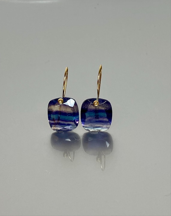 14K/18K Gold Natural Fluorite Dangle Earrings, Blue Purple Drop Earring, Fluorite Jewelry Gift For Her, Fluorite Jewelry, Christmas Gifts.