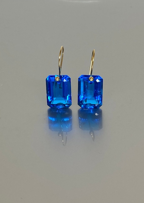14K Gold Rectangle Swiss Blue Topaz Earrings, December Birthstone, Statement Earrings, Birthday Gift Earrings, Dangle Drop Earrings.