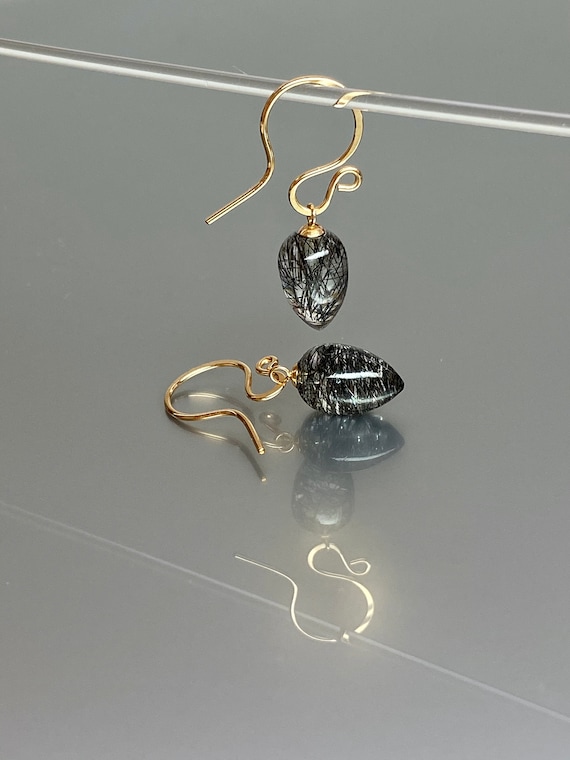 14K Gold Natural Black Rutile Earrings, Small Earrings, Rutile Dangle Drop  Earrings, Rutile Jewelry Gift For Her, Birthstone Earrings.