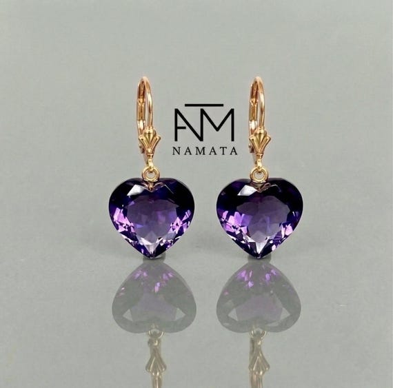 Amethyst Heart Earrings, 14K Gold Filled Dangle, Faceted Amethyst Jewelry, Deep Purple Gemstone Earrings, Gift for Her