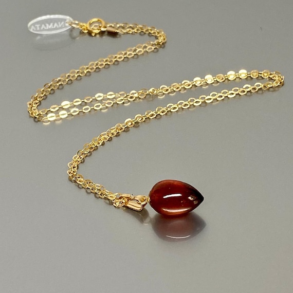 14K Gold Natural Hessonite Garnet Teardrop Pendant Necklace - January Birthstone, Red Acron Gemstone Jewelry