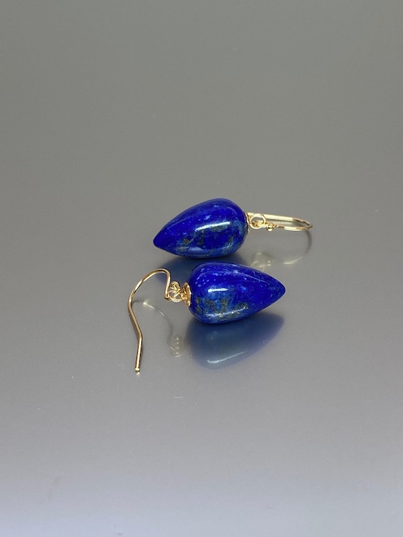 14K/18K  SOLID GOLD Natural Acron Lapis  Lazuli  Earrings, Drop Dangle Earrings, Royal Blue Earrings, September Birthstone Earrings.
