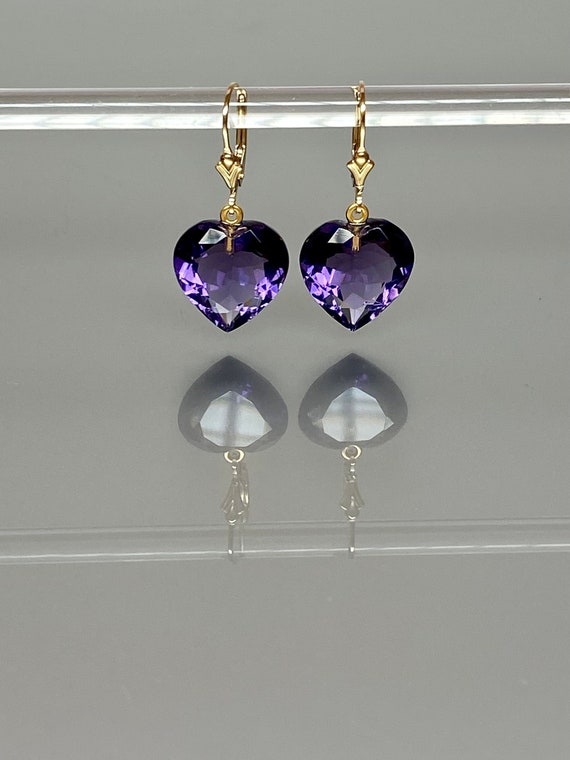 14k Gold Purple Amethyst Heart Earrings, February Birthstone, Drop Dangle Earrings, Small Heart  Earrings, Amethyst Jewelry  Gift For Her.