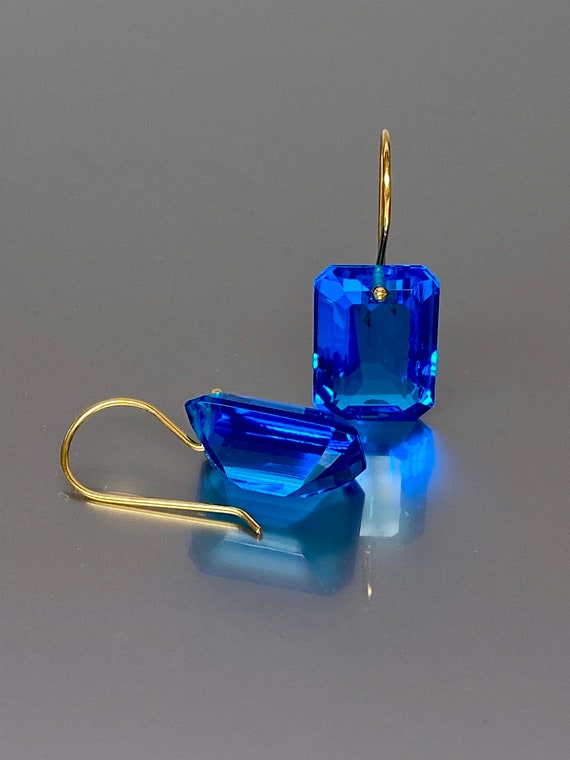 14K Gold Rectangle Swiss Blue Topaz Earrings, Topaz Jewelry, Statement Earrings, Swiss Blue Topaz Jewelry Gift For Her, Mothers Day Gift.