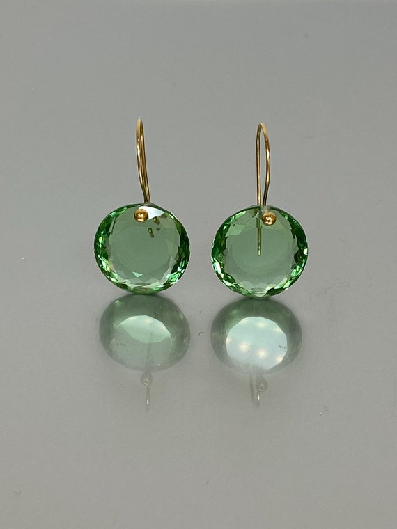 14K Gold  Round Green Amethyst Earrings (40 ct), Green Amethyst  Drop Earrings,  Green Amethyst Jewelry Gift For Her.