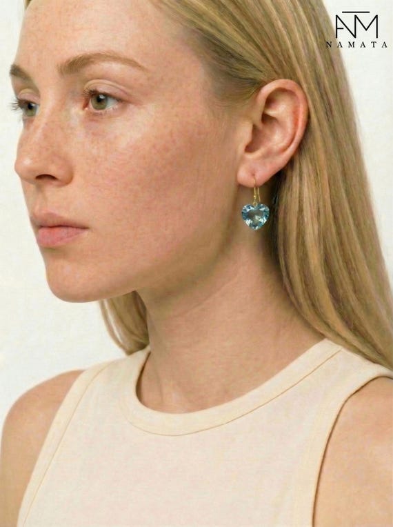 Aquamarine Heart Dangle Earrings, Bridal Earrings, March Birthstone Jewelry, Romantic Gift for Her