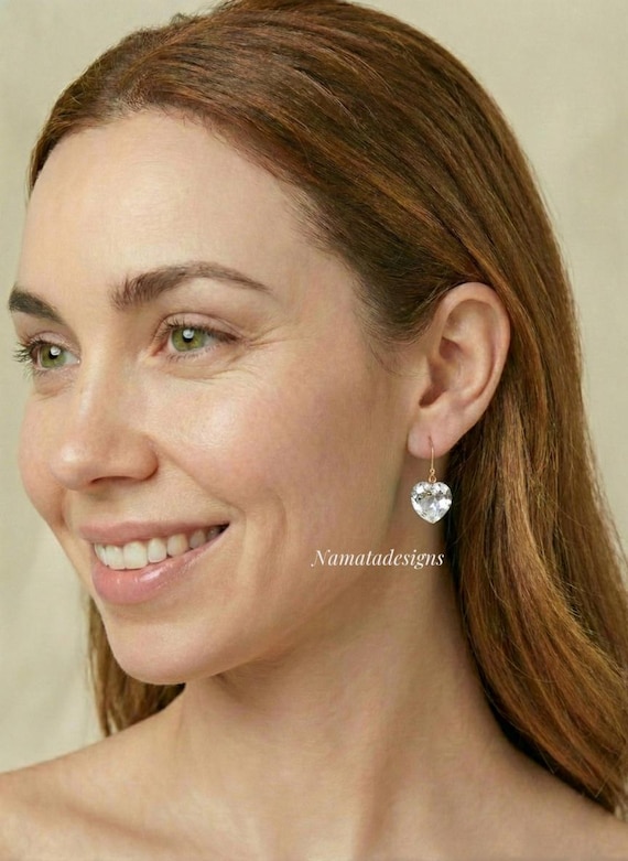 Natural Rock Crystal Drop Heart Earrings: Minimalist Bridal Jewelry