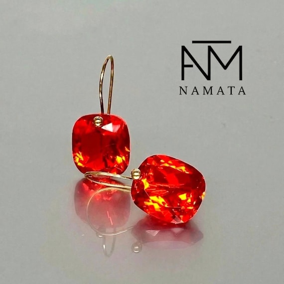 14K Gold Fire Opal Dangle Earrings, October Birthstone, Orange Red Gemstone