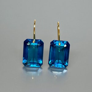 14K Gold London Blue Topaz Earrings (30 ct), December Birthstone, Topaz Jewelry, Rectangle Earrings Gold Earrings, Valentines Gifts